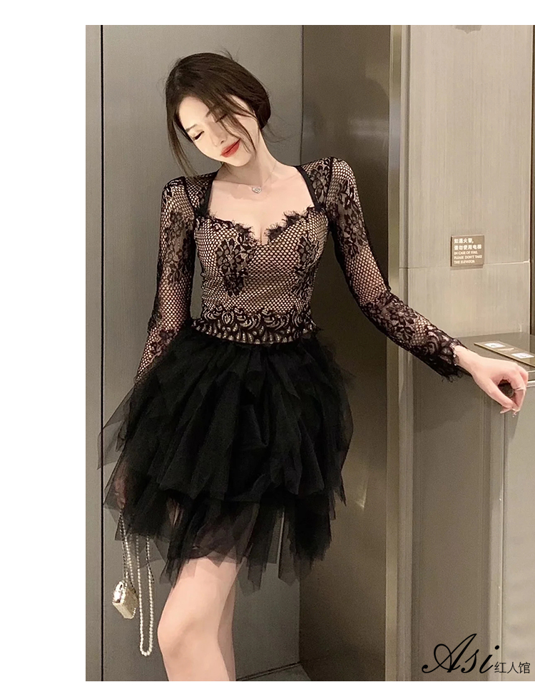 New design womens sexy eyelash lace v-neck padded long sleeve shirt and elastic waist layered ball gown gauze skirt dress suit twinset