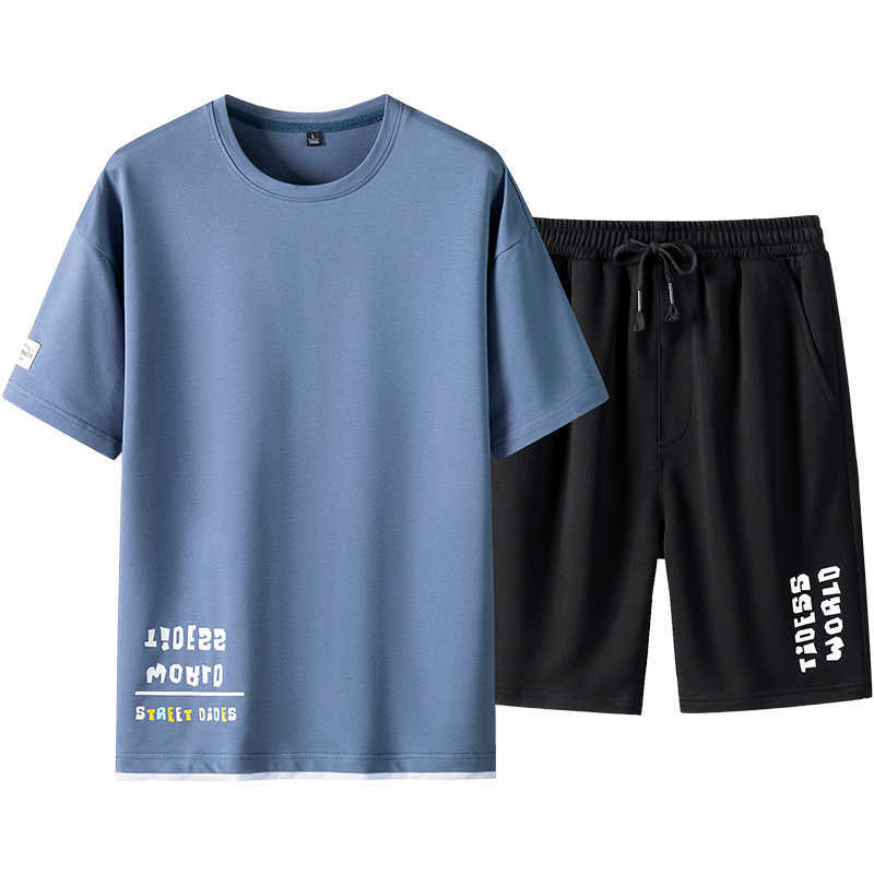 Summer 2PC Men Casual Tracksuits Set Short Sleeve T Shirts Gym Running Sweat Suit Male Sportswear Letter Print Short Sport Sets 210603