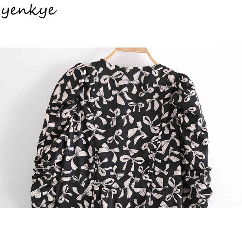 YENKYE Fashion Women Bow Pattern Print Long Maxi Dress Elegant Lady Sexy V Neck Puff Sleeve Draped Spring Dress Robe Longue 210515