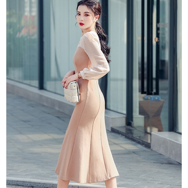 Spring Long Sleeve Trumpet Mermaid Dresses Women Sexy V-Neck Patchwork Party Clothing Ladies Vestidos 210520