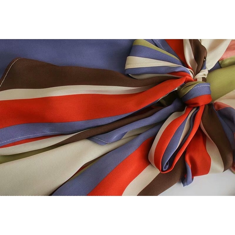 Holiday Rainbow Colored Women Striped Dress CHIC Cross V neck Bat Long Sleeve Tie Bow Sashes one-Piece Mini Dresses 210429