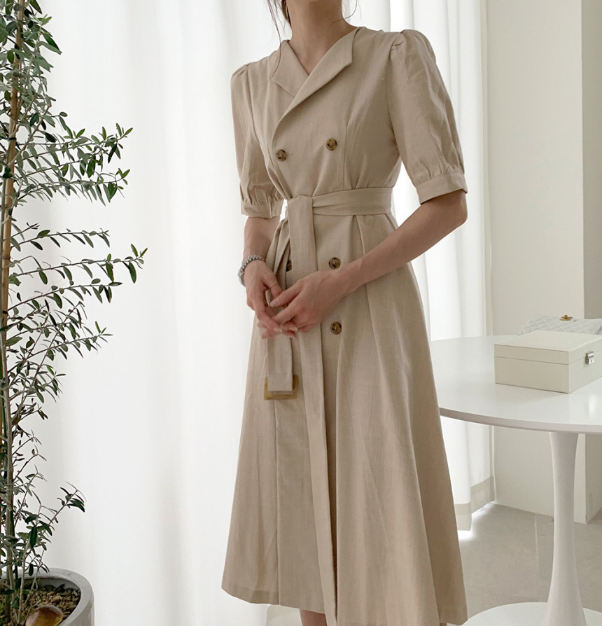 Korean Women Summer Dress High Waist Casual Double Breasted Puff Sleeve Lace up Elegant Long 210519