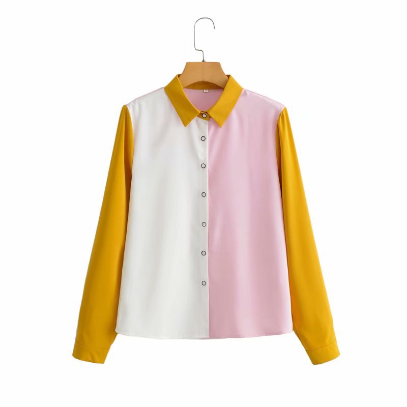 Vintage Lapel Long-sleeved Women Shirt Fashion Contrast Stitching Single Breasted Loose Casual Chic Female Shirts 210507