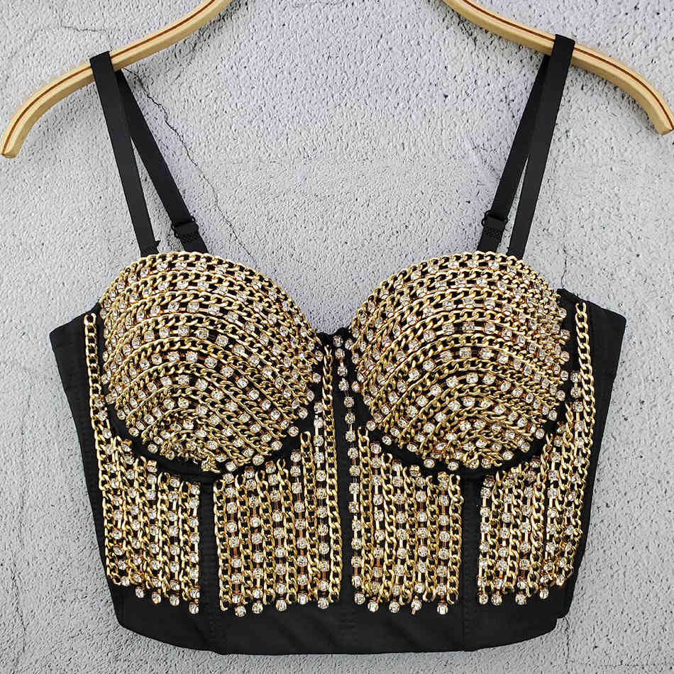 Summer Women Spaghetti Strap Short Tops Sexy Sleeveless Diamonds Gold Mini Club Celebrity Party Bodycon Crop 210423