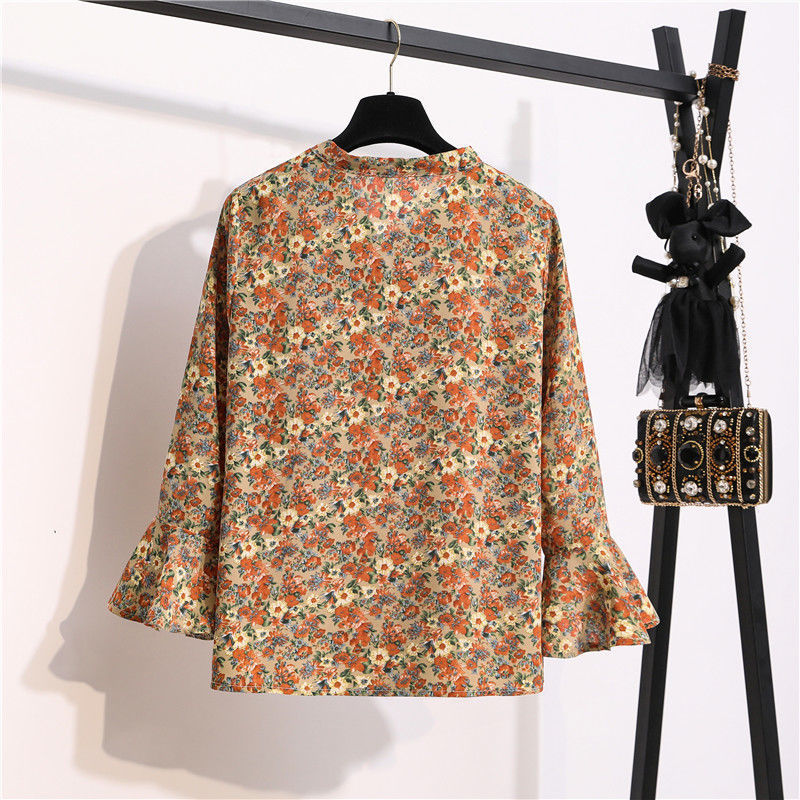 Women's Party Blouses Spring Autumn Long Sleeve Bow Neck Flower Shirts OL Petal Blusas Floral Chiffon Tops for Woman 210514