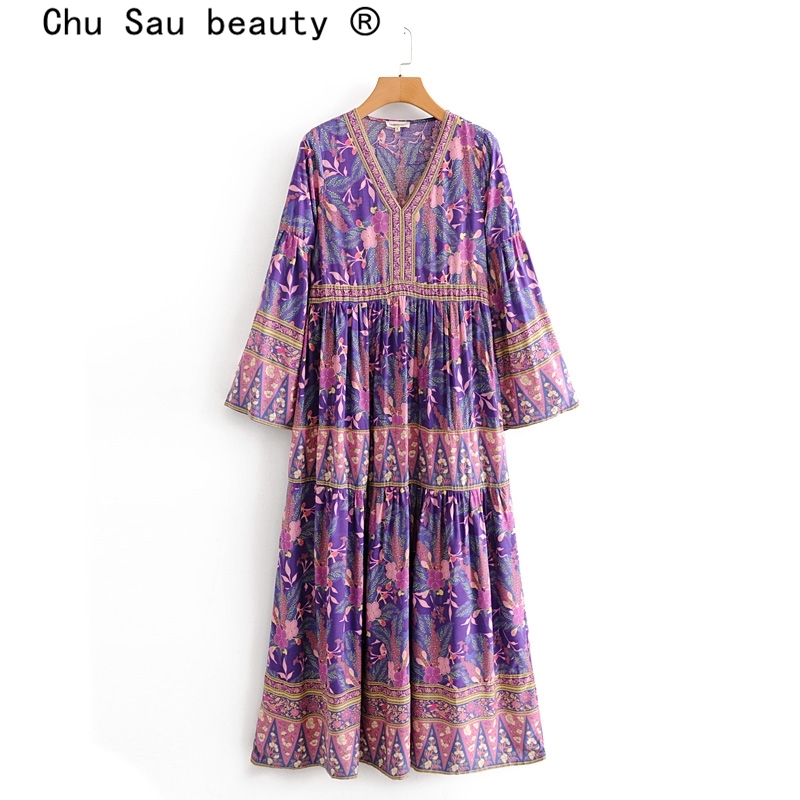 beauty Fashion Boho Vintage Floral Print Maxi Dress Women Beach Chic Pagoda Sleeve Dresses Female Vestido De Moda 210514