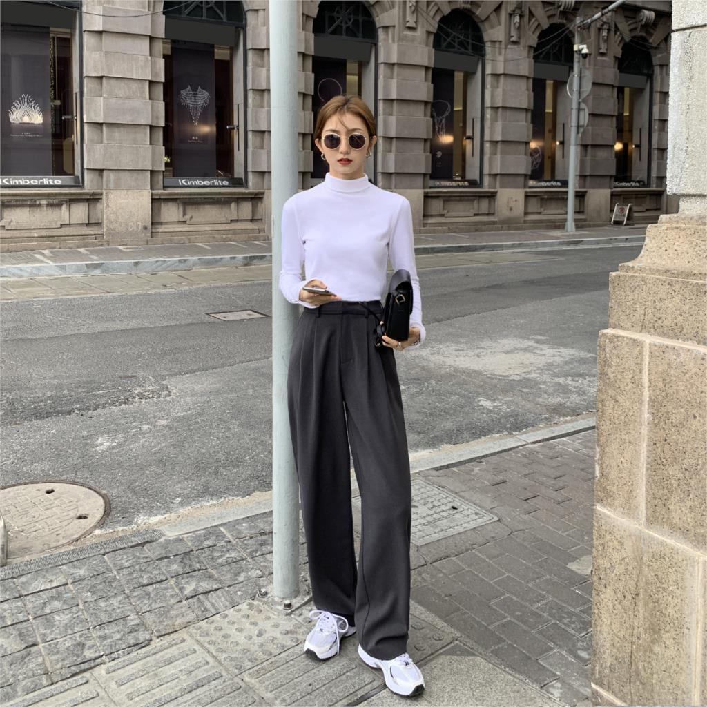 Retro Straight Wide Leg Pant Vintage Female Korean High Waist Casual Long Coffee White Beige Trousers 210510
