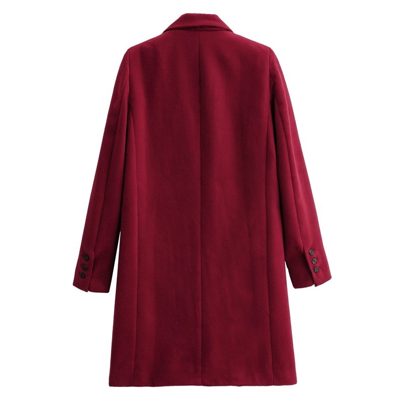 Winter Wine red Woolen Blends Coat one Button Notched Collar Long Sleeve Knee Length OL Trench Outerwear 210429