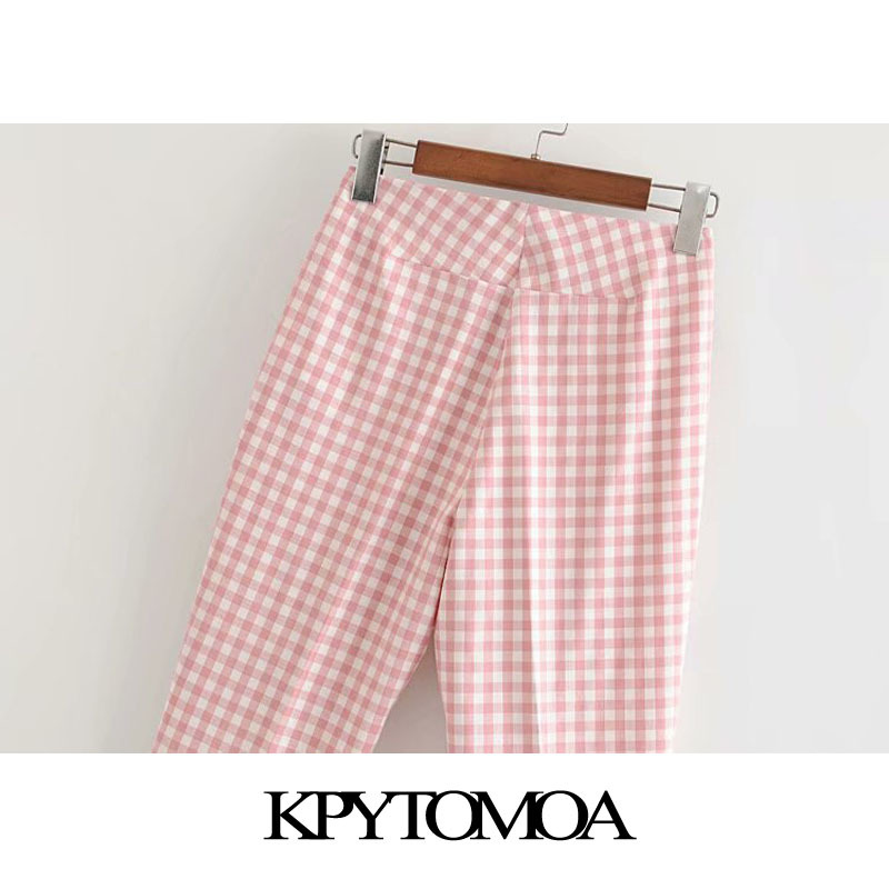 Women Chic Fashion Plaid Flare Pants High Elastic Waist Zipper Fly Female Ankle Trousers Pantalones Mujer 210420