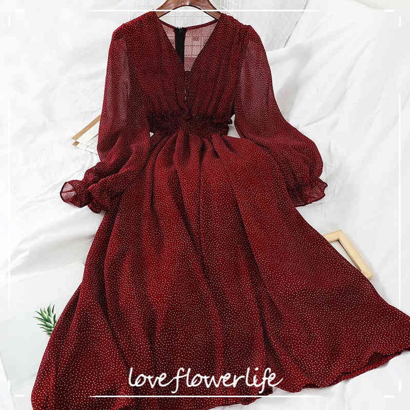 Autumn V Neck Polka Dot Slim Chiffon Dress Button Puff Sleeve High Waist Elegant Women Mid-calf Dress 210521, Burgundy
Autumn V Neck Polka Dot Slim Chiffon Dress Button Puff Sleeve High Waist Elegant Women Mid-calf Dress 210521, Burgundy