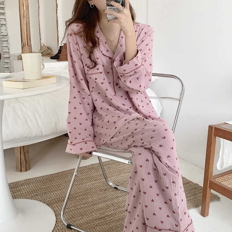 Autumn Winter Sleepwear 2 Pieces Sets For Women's Cotton Pajamas Turn-down Collar Homewear Large Size Pijama Pyjama Female 211007