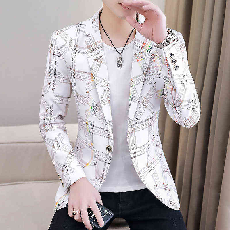 Plaid Blazers Men Slim Fit Business Casual Suit Jacket Korean Wedding Social Office Dress Coat Streetwear Costume Homme 211120