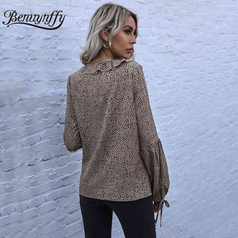 V-neck Lace up Ruffle Trim Print Blouse Women Spring Summer Long Sleeve Female Casual Loose Chiffon 210510
