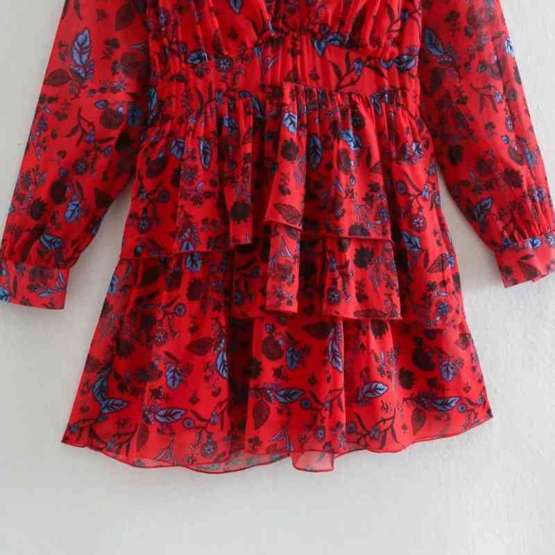 Women Floral Print Cascading Ruffle Chiffon Mini Dress Female Long Sleeve Clothes Casual Lady Loose Vestido D7156 210430