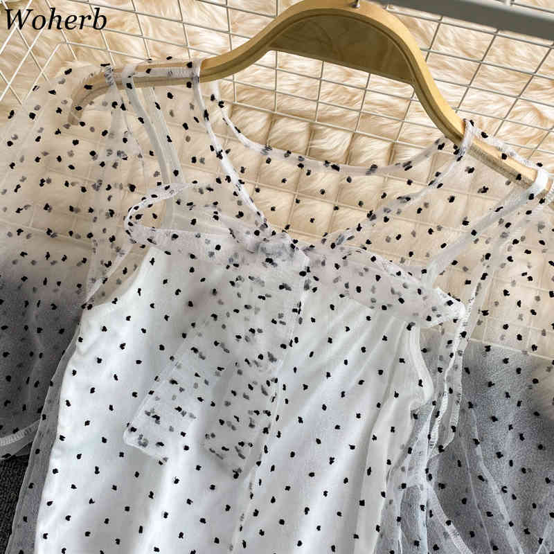 Chiffon Blouse Women Puff Sleeve See Through Polka Dot Mesh Cover Up Shirt with Vest Ladies Korean Sweet Top Blusa 210519