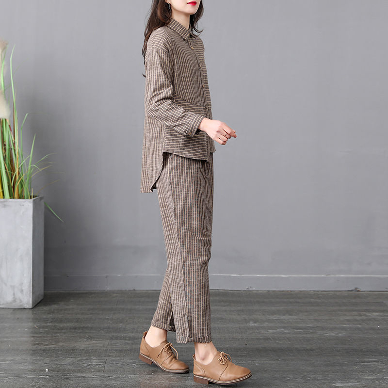 Arrival Spring Korea Fashion Women Long Sleeve Shirt Elastic Waist Loose Pant Suit Cotton Linen Stripe 2 Peice Set S647 210512