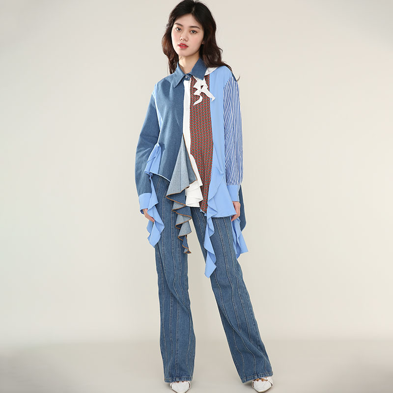 [EAM] Women Tassel Denim Asymmetrical Long Blouse Lapel Long Sleeve Loose Fit Shirt Fashion Spring Autumn 1DD420805 21512