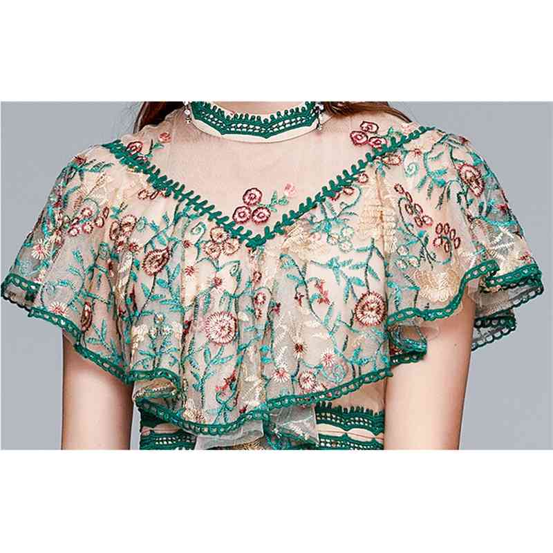 Fashion Runway Summer Dresses Women Short Sleeves Flower Embroidery Ruffle Mesh Midi Party Dress Vestidos 210520