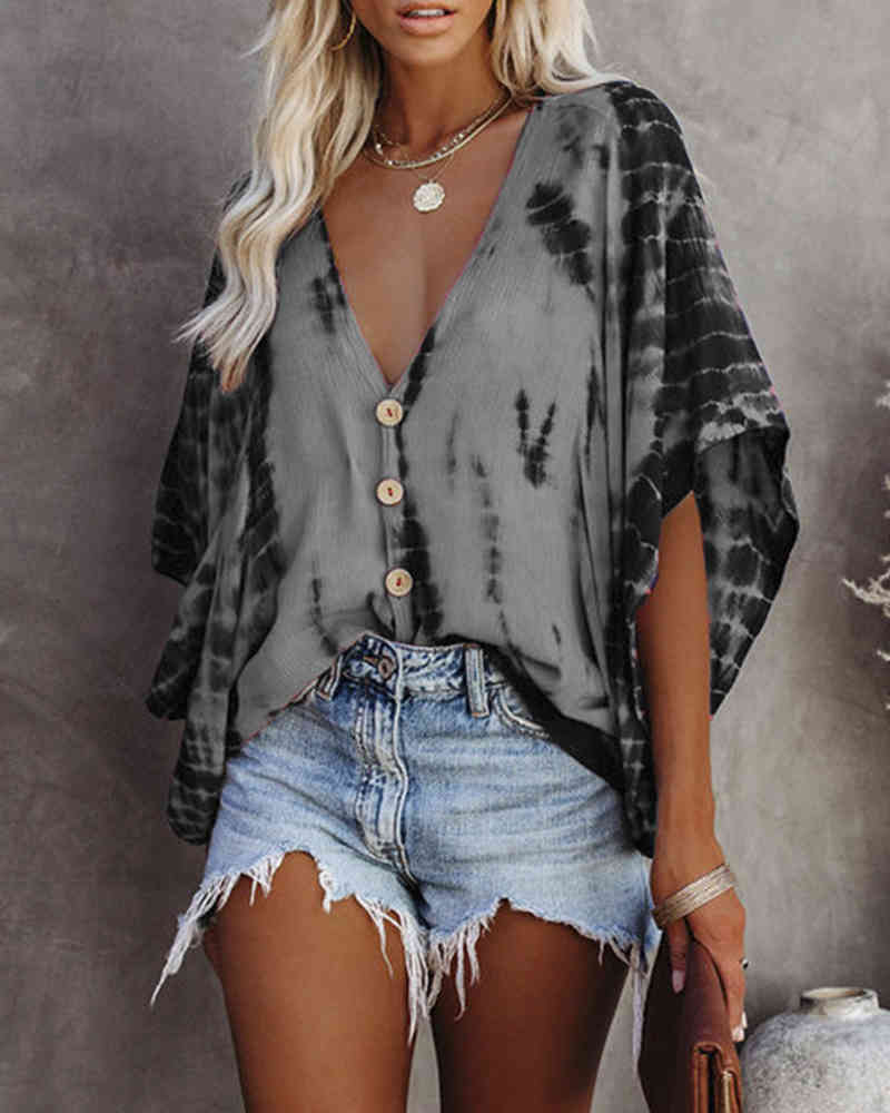 Spring Summer Women's Plus Size Tie-dye Print Blouse New Femme Casual Bat Sleeve Top Ladies V-Neck Button Front Sexy Wear 210415