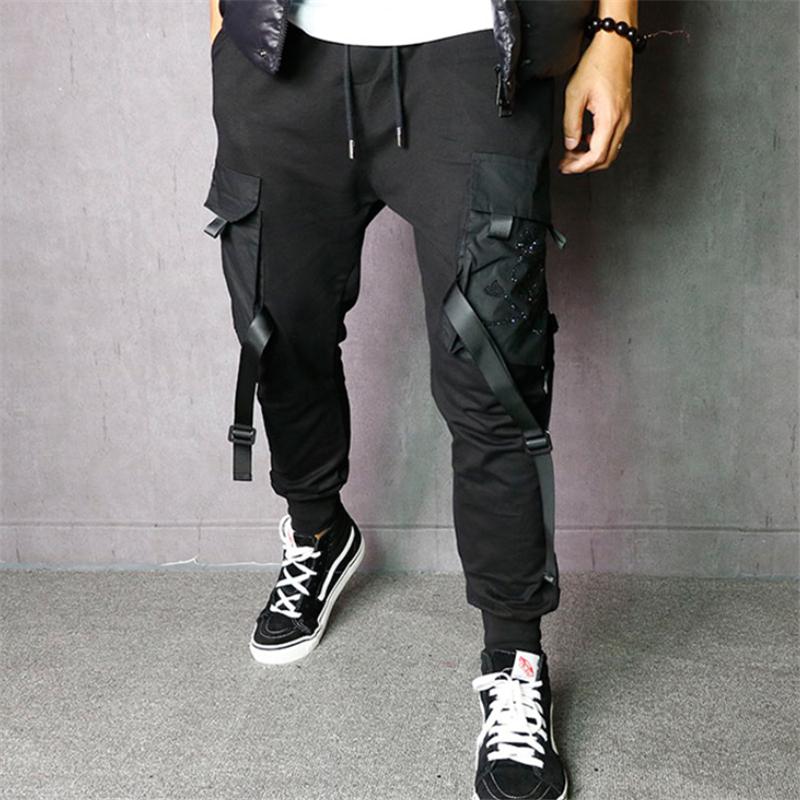Spring/summer Men's Black Drilling Skulls Overalls Ribbon Leisure Waist Pocket Bundle Foot Support Elastic Slim Pants