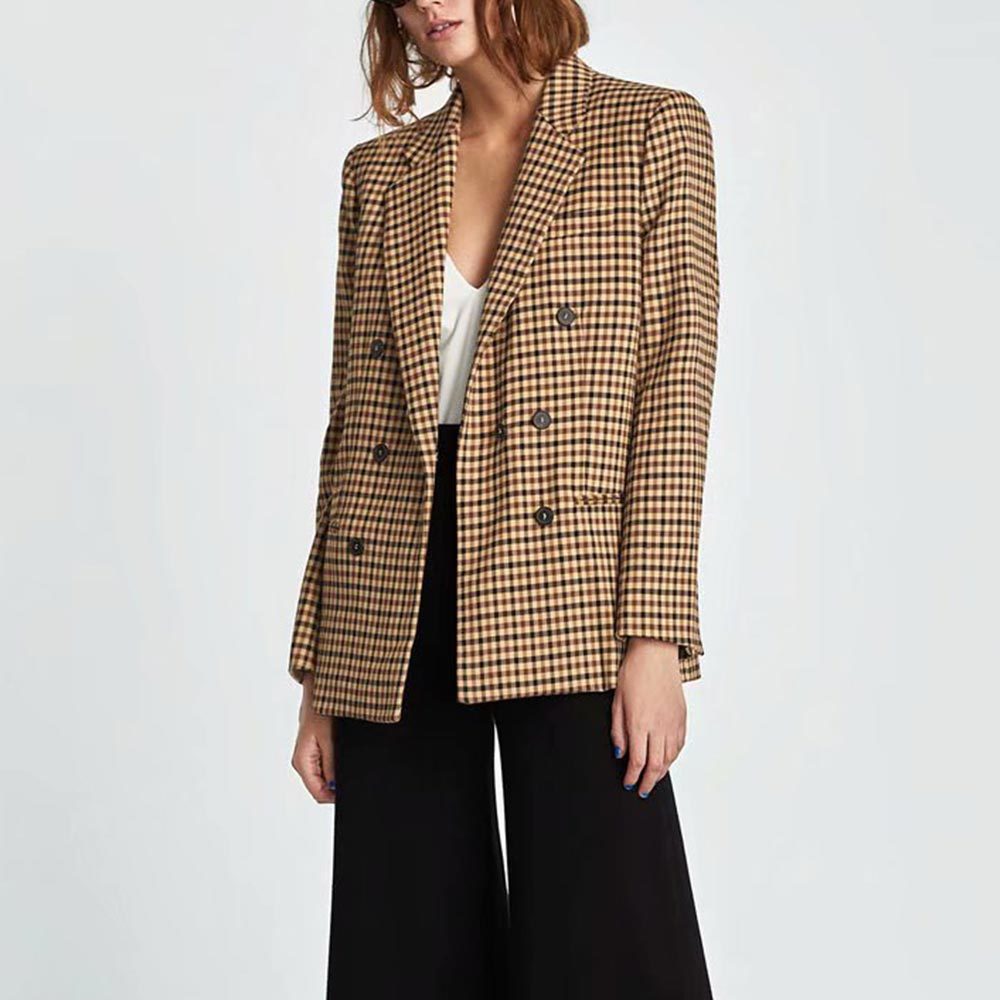Vintage Double Breasted Office Ladies Plaid Blazer Long Sleeve Loose Houndstooth Suit Coat Jacket Women blazers Female 210428