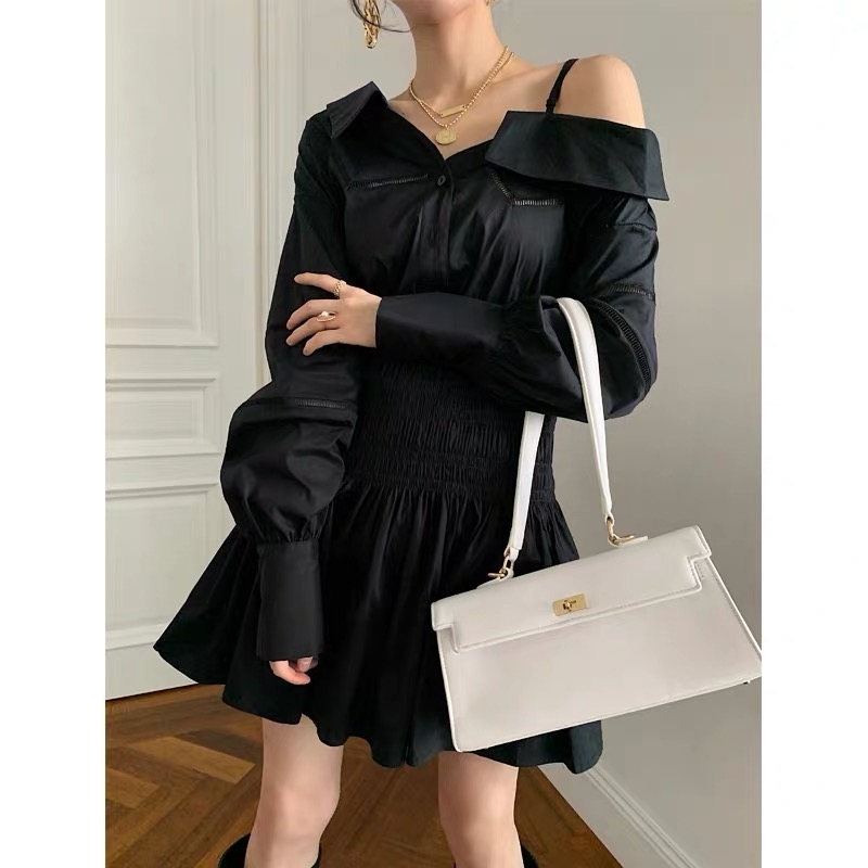 celebrity party mini dress high waist one shoulder black gothic casual long sleeve hollow out for women robe chic 210421