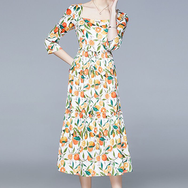 runway celebrity style summer holiday beach square collar short sleeve tropical lemon floral printed midi ruched dresses 210421