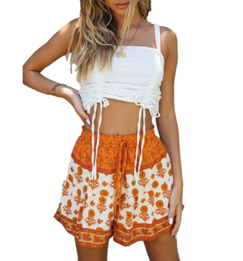 Summer Sexy Boho Set Crop Top With High Waist Short Womens Sleeveless Slim Print Loose Shorts Female Clothes White Yellow Women's Tracksuits