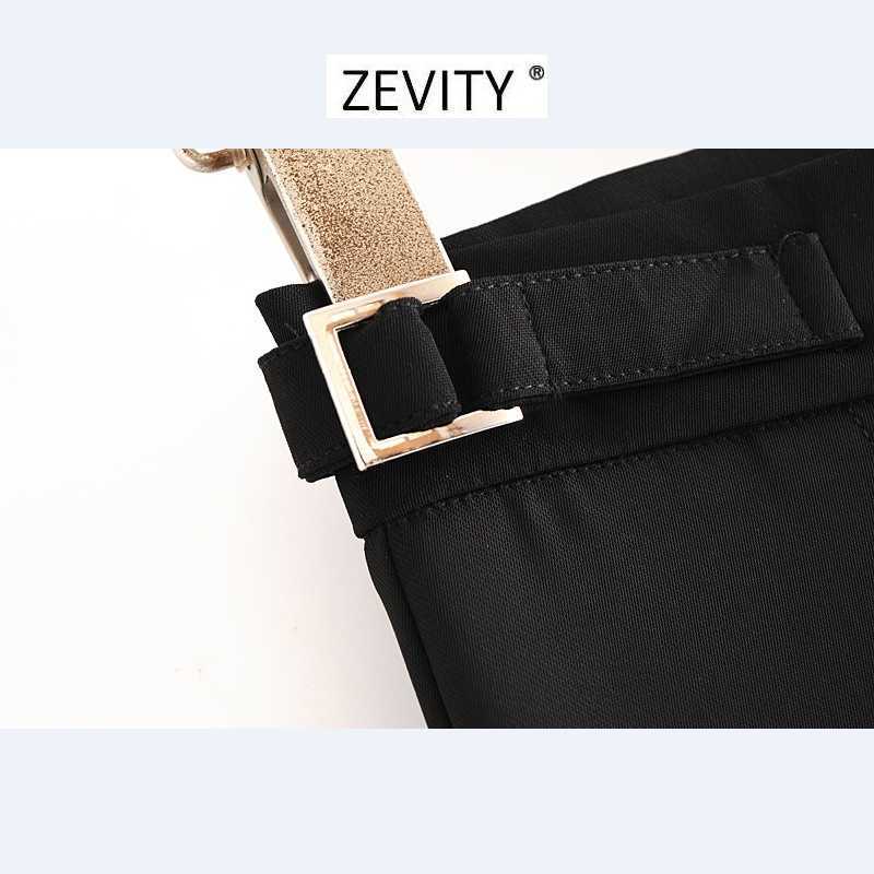 ZEVITY Women buckle decoration black split wide leg pants femme back zipper casual slim Trousers office wear chic pants P915 210603
