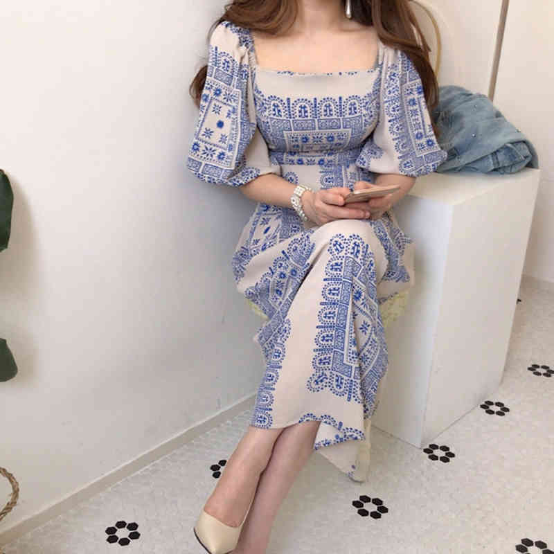 Summer Women Vintage Loose High Waist Slim Was Thin Elegant Square Collar Hir Color Maxi Dress Female ZA4705 210427
