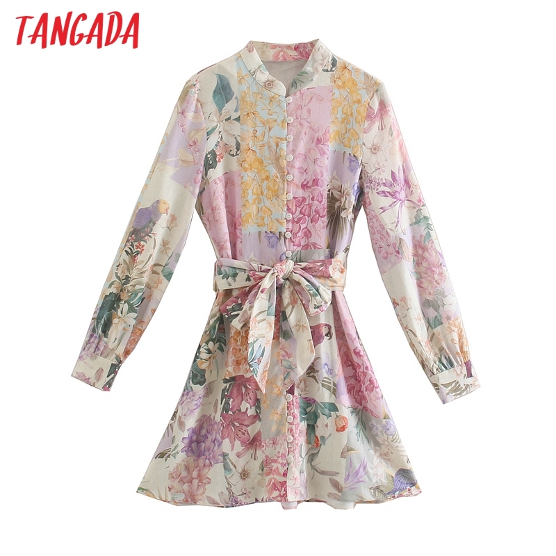 Fashion Women Flowers Print Shirt with Slash Long Sleeve Casual Female Short Dress 5Z90 210416