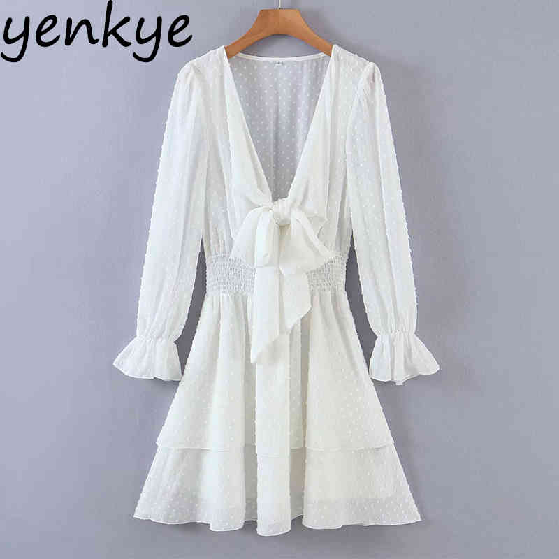 Women White Chiffon Dress Sexy Knot V Neck Long Sleeve Summer Elegant Ladies Elastic Waist A Line Vestido 210430