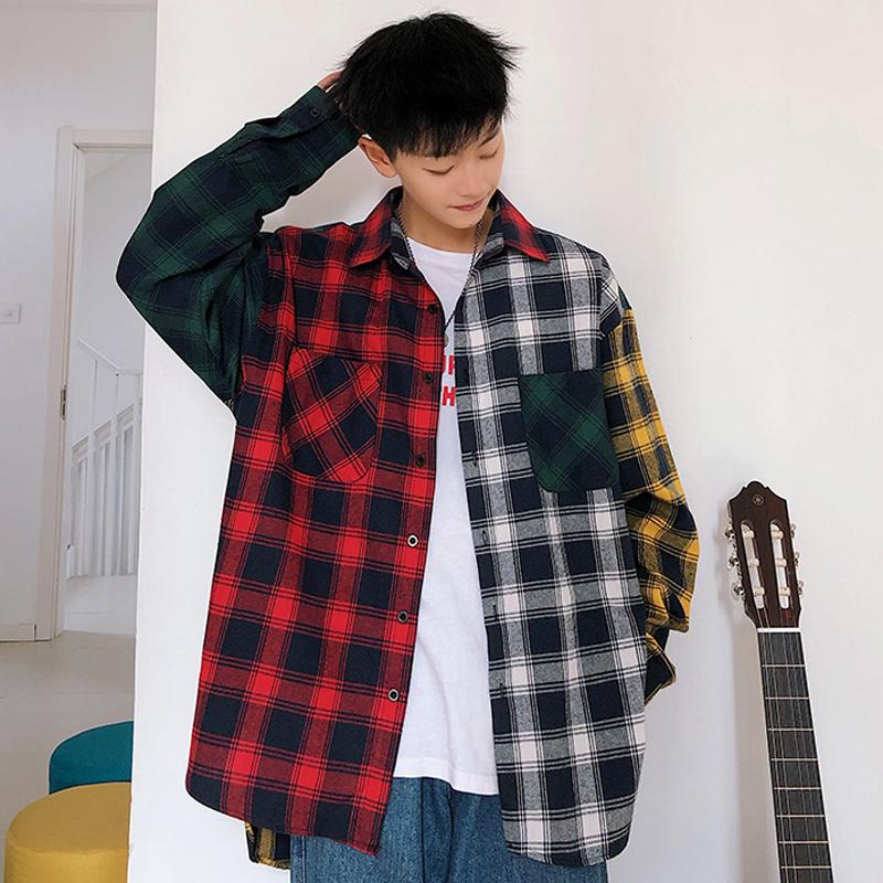 Men Oversized Cotton Plaid Shirt 2021 Man Hip Hop Patchwork Button Up Long Sleeve Couple Korean Harajuku Clothing Men's Casual Shirts