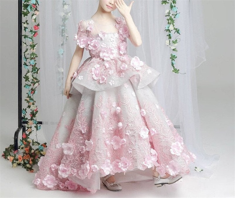 Light Pink Flower Girl Dress Tiered Tulle 3D Floral Appliqued Lace Up Ruched Cute Elegant Custom Made Sweep Train Birthday Gowns Pageant Wedding Wear