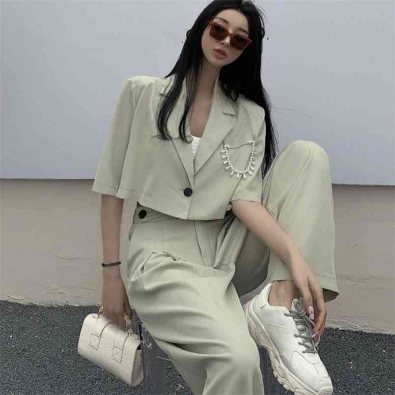 Summer Women Two-piece Sets Elegant Casual Notched Collar Short Sleeve Beading Sexy Blazer Tops + Wide leg pants Suit 210519, Photo color
Summer Women Two-piece Sets Elegant Casual Notched Collar Short Sleeve Beading Sexy Blazer Tops + Wide leg pants Suit 210519, Photo color