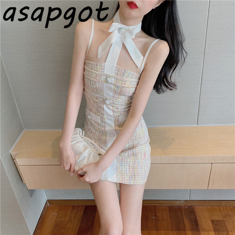 Slim Lady Temperament Sexy Sleeveless Spaghetti Strap Halter Dress Mini Fashion Korean Chic Summer Vestido De Mujer Elegant 210429