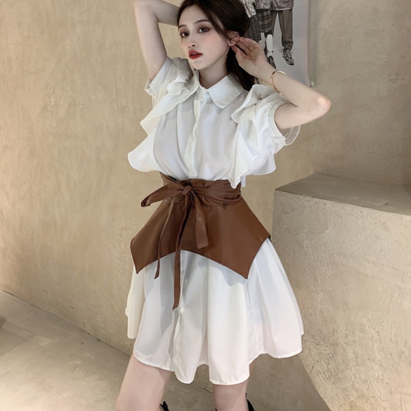 Fashion Women Shirt Dress Summer Korean Short Sleeve Lady Chic Ruffles Mini Dresses Vestidos With Belt 210519
