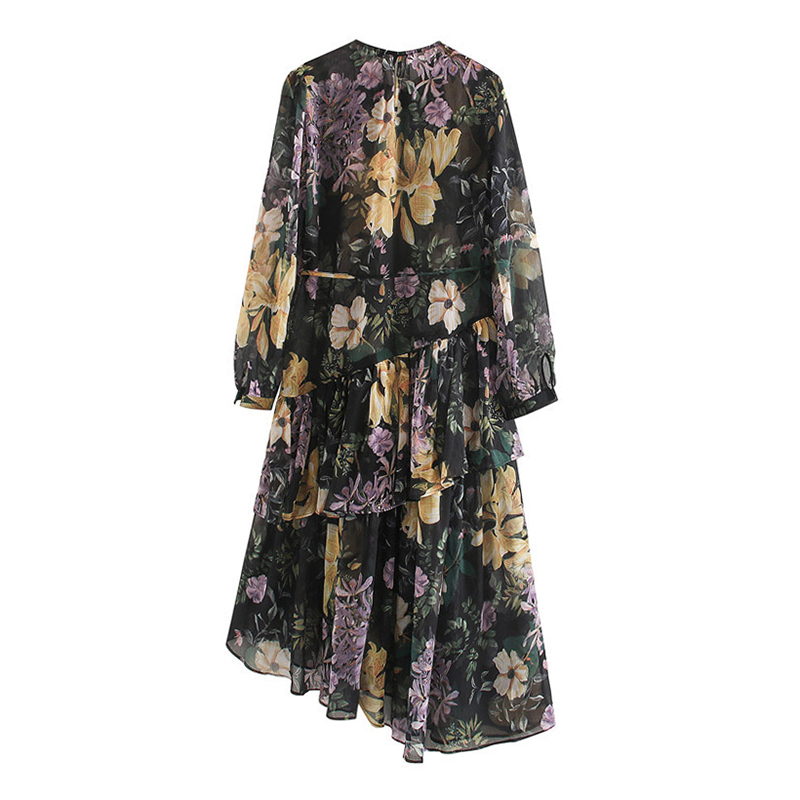 Women Floral Print Vintage Chiffon Dresses O Neck Ruffles Asymmetrical Dress Long Sleeve Casual Sashes Dress Boho Midi Sundress 210414
