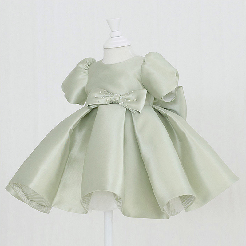 Cute Jewel Handmade Flower Girls Dresses Bow Belt Bead Princess Kids Floor Length Bridesmaid Dress Girl Pageant Ball Gown