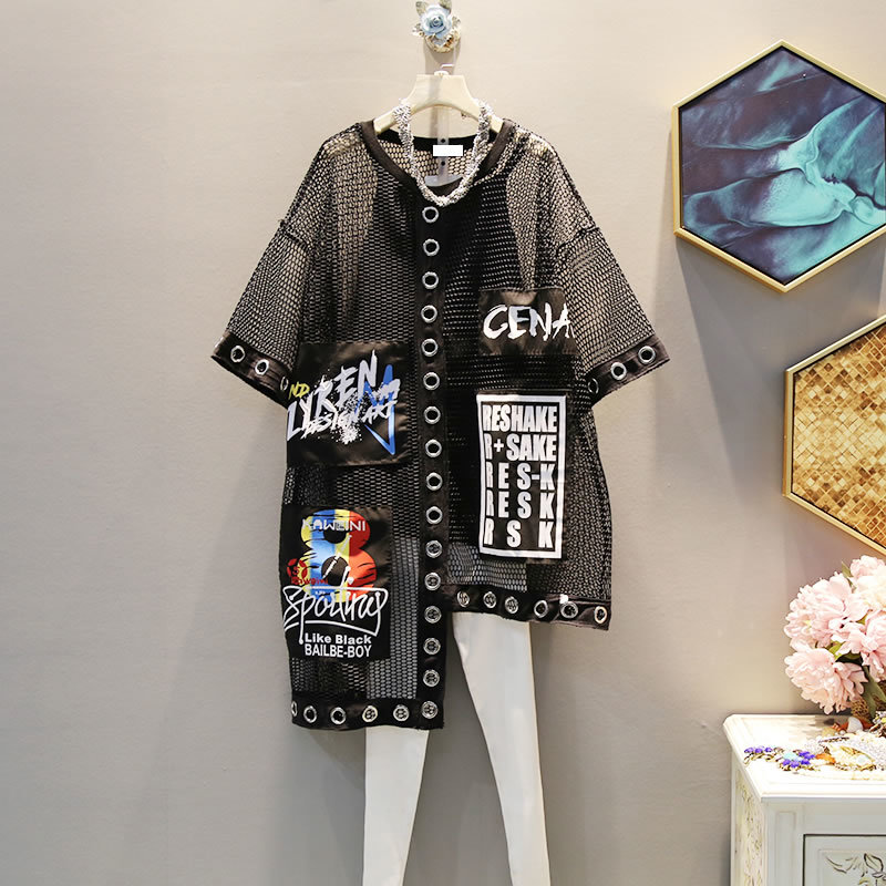 XITAO Women Summer Korea Fashion Oneck Short Sleeve Loose Tee Female Letter Print Patchwork Hollow Out Tshirt WBB3401 210406