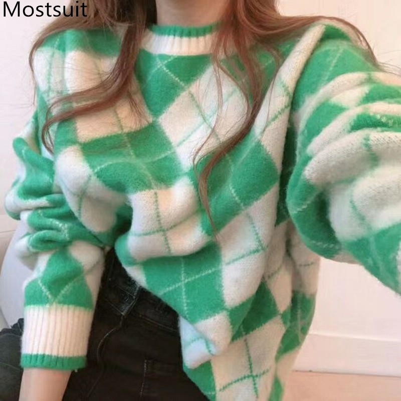 Autumn Winter Plaid Thicken Knitted Sweaters Pullovers Women Long Sleeve O-neck Fashion Loose Casual Tops Femme 210518, Orange 
Autumn Winter Plaid Thicken Knitted Sweaters Pullovers Women Long Sleeve O-neck Fashion Loose Casual Tops Femme 210518, Orange