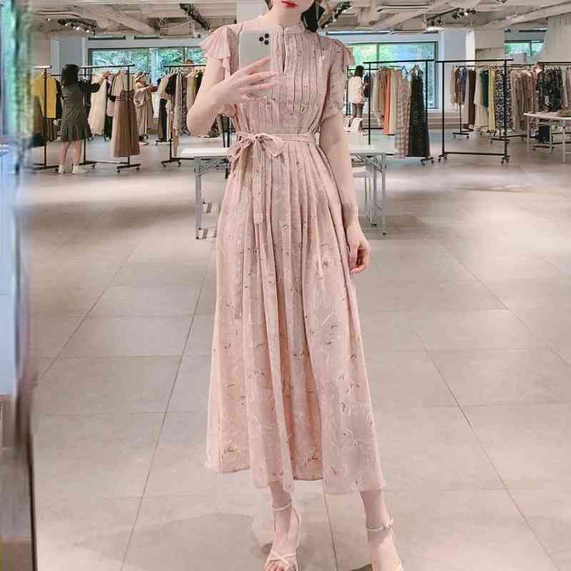 Summer Pleated Drawstring High Waist Dresses Elegant Stand Collar Flying Sleeve Woman Dress Chic Print Slim Vestidos 210524
