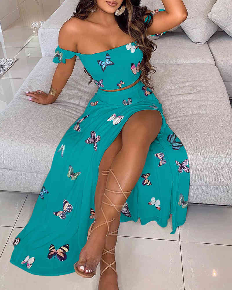 Spring Summer Women's Ruffles Top & Skirt Set New Femme Off Shoulder Floral Print High Slit Dress Ladies Maxi Sexy Outfits 210415