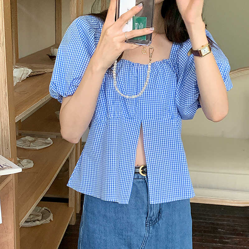 Korejpaa Women Shirt Summer Korean Chic Western Style Square Collar Exposed Clavicle Loose Check Puff Sleeve Split Blouses 210526
