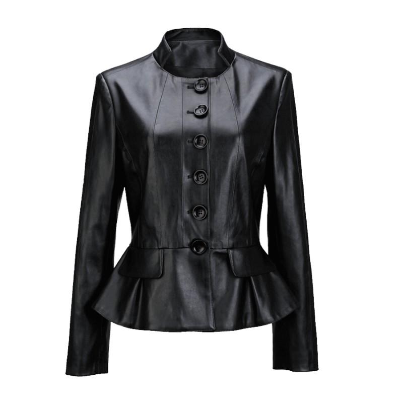 Genuine Leather 100% Biker Jacket Women Stand Collar Slim Fit Ruffle Short Outerwear Office Ladies High Quality Sheepskin Coat Women's & Fau
