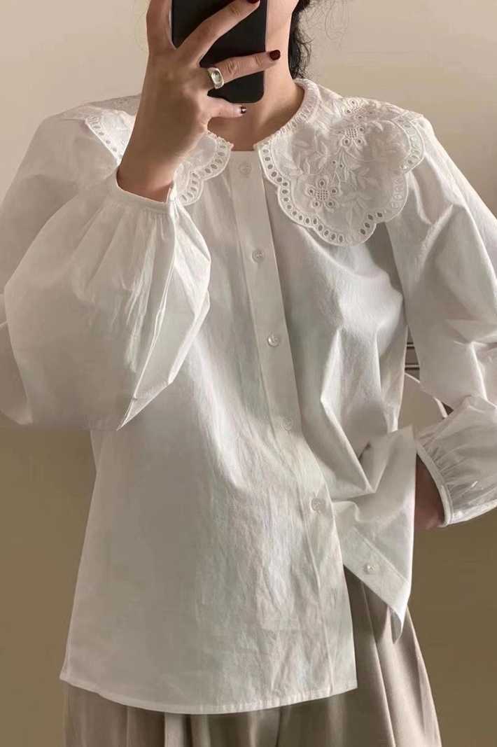 Spring Sweet Peter Pan Collar Lace Embroidered White Shirt Full Fashion Womens Tops 210615