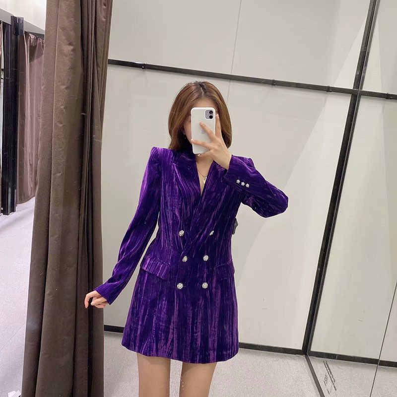 Winter women Diamond -studded btton Female Double breasted Purple long suit jacket 210520