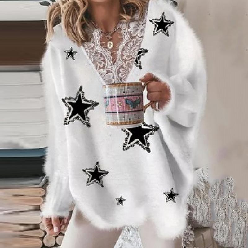 Women' Sweaters OMSJ Women Casual Lady Pullover Sweater Elegant Lace Stitching V Neck Star Printed Loose-Fitting Jumper Top Fall&Winter Clu, Pink
Women' Sweaters OMSJ Women Casual Lady Pullover Sweater Elegant Lace Stitching V Neck Star Printed Loose-Fitting Jumper Top Fall&Winter Clu, Pink
