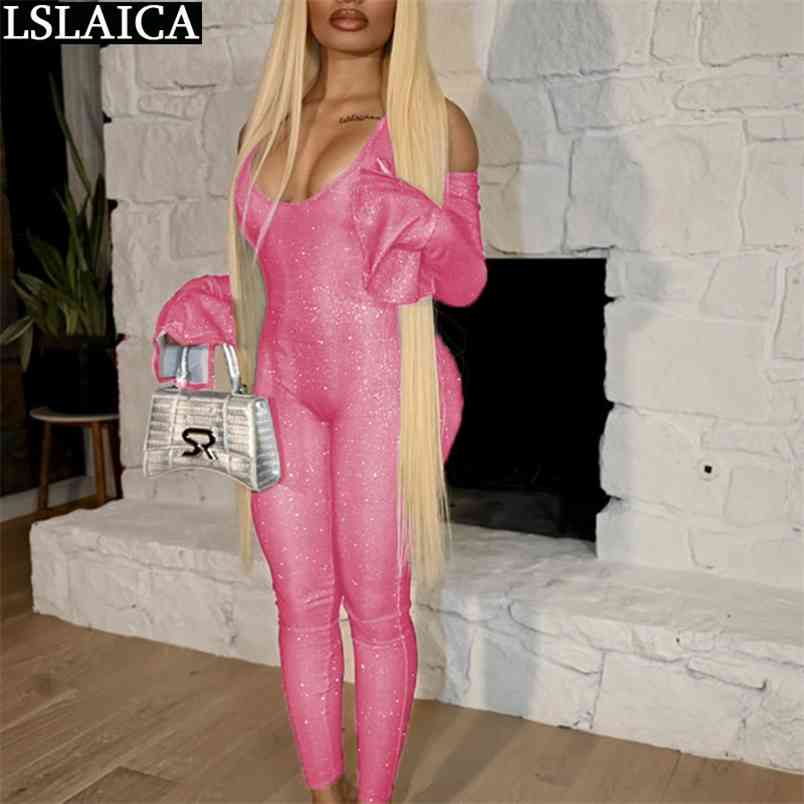 Jumpsuits for Women Skinny Sexy Fashion Arrival Night Club Jumpsuit Off Shoulder Flare Sleeve Abbigliamento Donna 210515