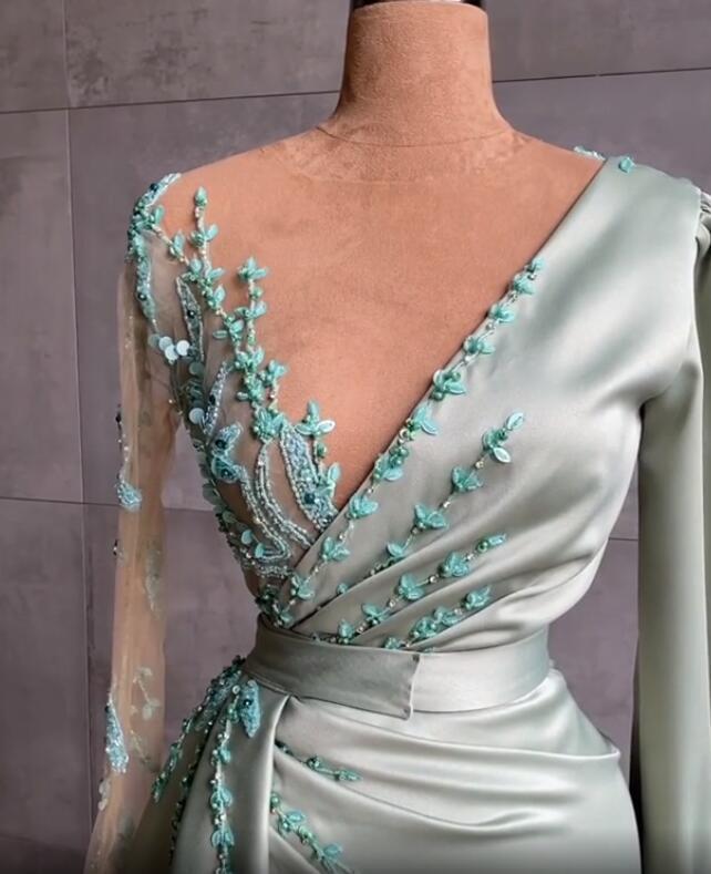 Arabic Aso Ebi Sage Sexy Mermaid Evening Dresses Beaded Sequins Prom Dress Sheer Neck Formal Party Second Reception Special Ocn Gowns Custom Made